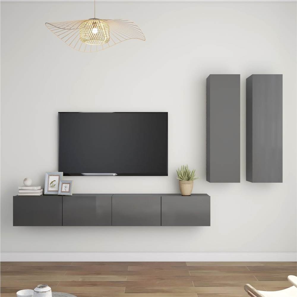 

4 Piece TV Cabinet Set High Gloss Grey Chipboard