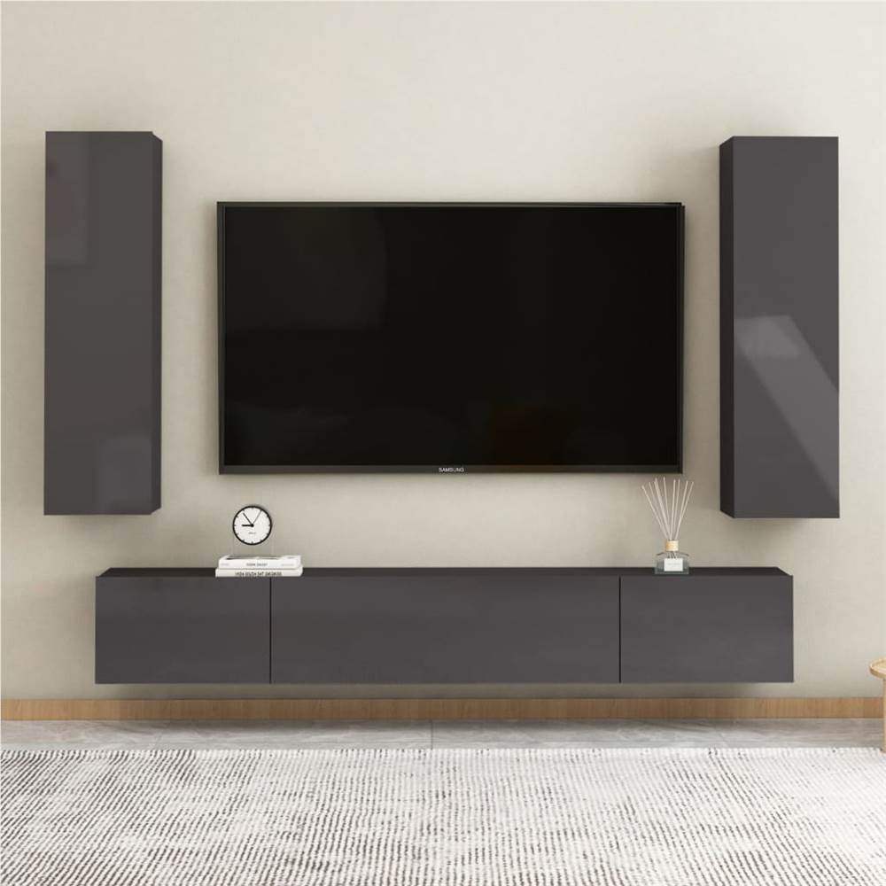 

4 Piece TV Cabinet Set High Gloss Grey Chipboard
