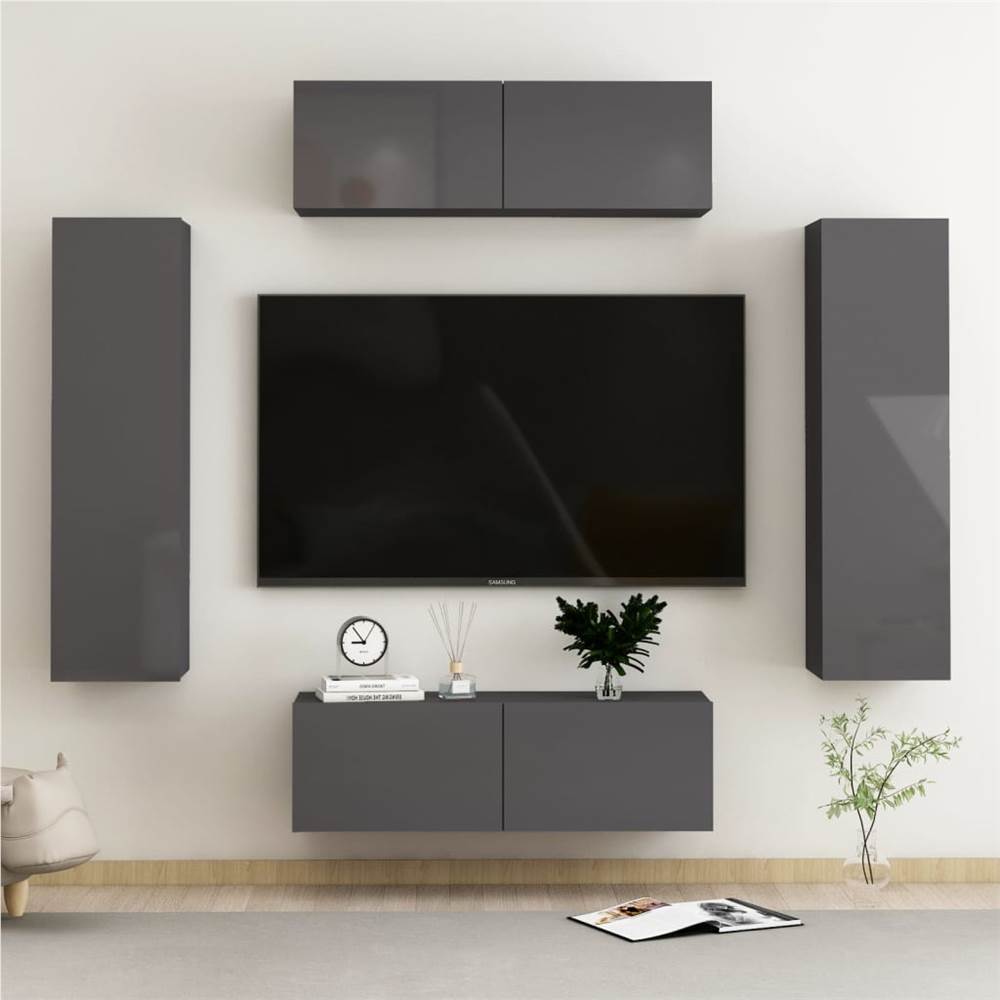 

4 Piece TV Cabinet Set High Gloss Grey Chipboard