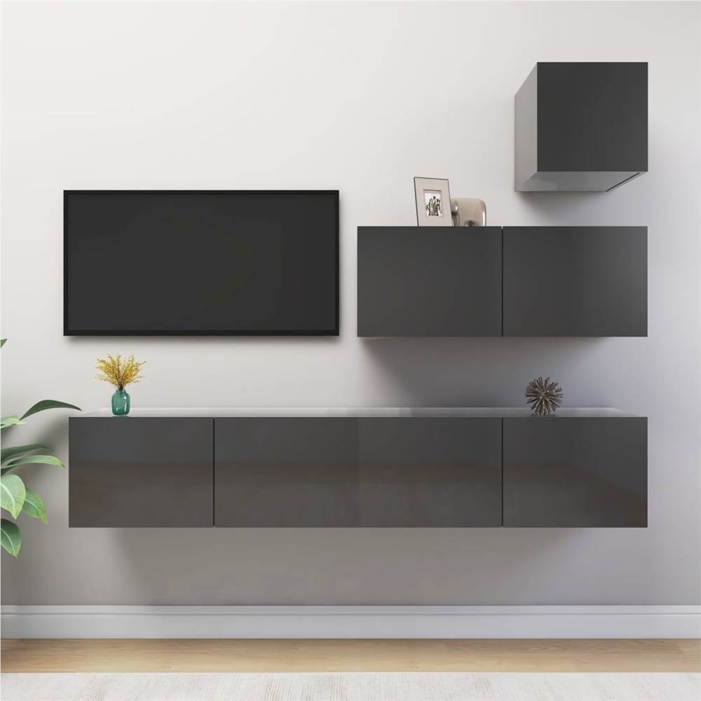 

4 Piece TV Cabinet Set High Gloss Grey Chipboard