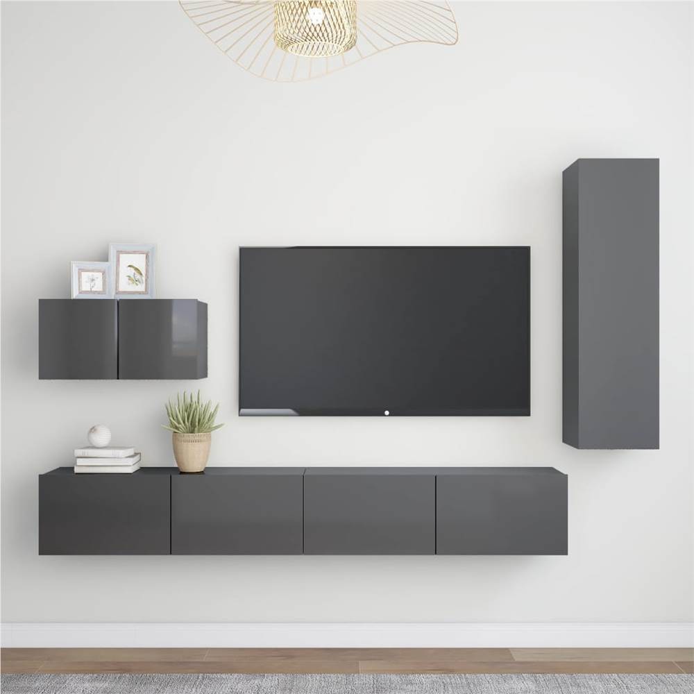 

4 Piece TV Cabinet Set High Gloss Grey Chipboard