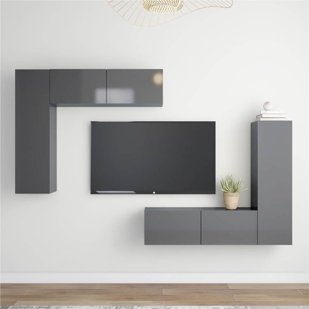 

4 Piece TV Cabinet Set High Gloss Grey Chipboard