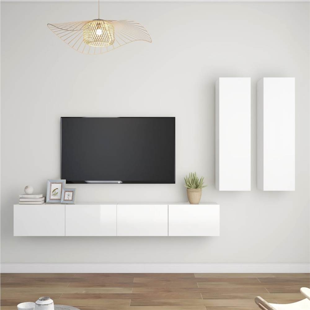 

4 Piece TV Cabinet Set High Gloss White Chipboard