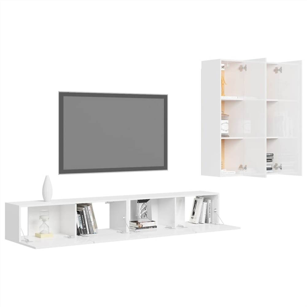 4 Piece TV Cabinet Set High Gloss White Chipboard 8 4 Piece TV Cabinet Set High Gloss White Chipboard