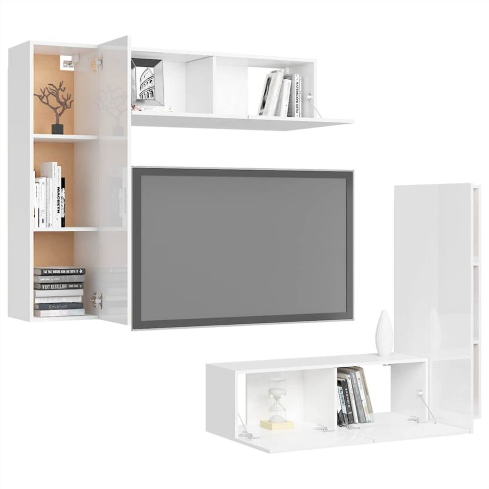 4 Piece TV Cabinet Set High Gloss White Chipboard 8 4 Piece TV Cabinet Set High Gloss White Chipboard
