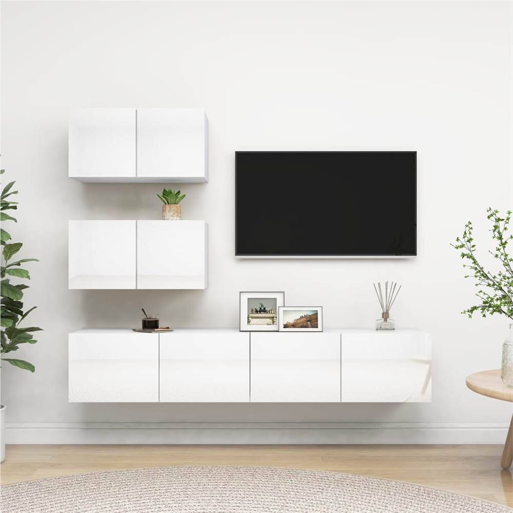 

4 Piece TV Cabinet Set High Gloss White Chipboard