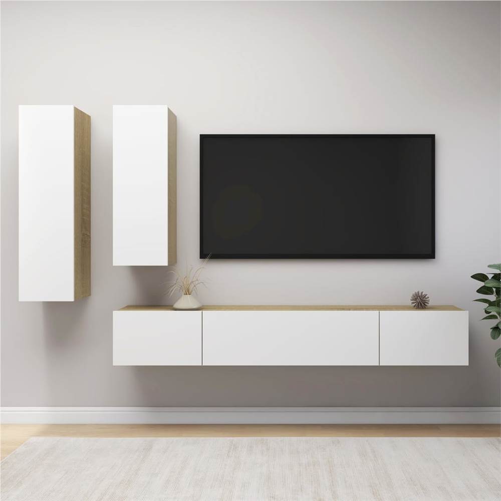 

4 Piece TV Cabinet Set White and Sonoma Oak Chipboard