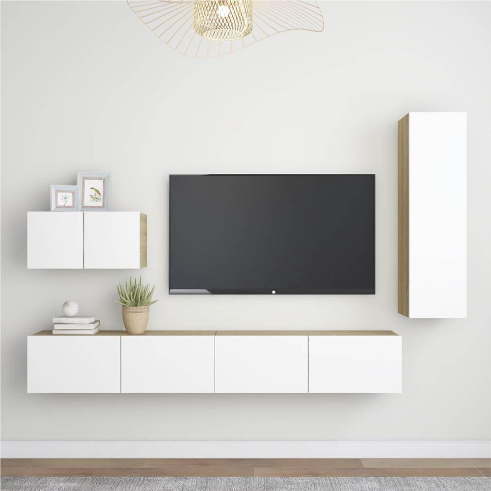

4 Piece TV Cabinet Set White and Sonoma Oak Chipboard