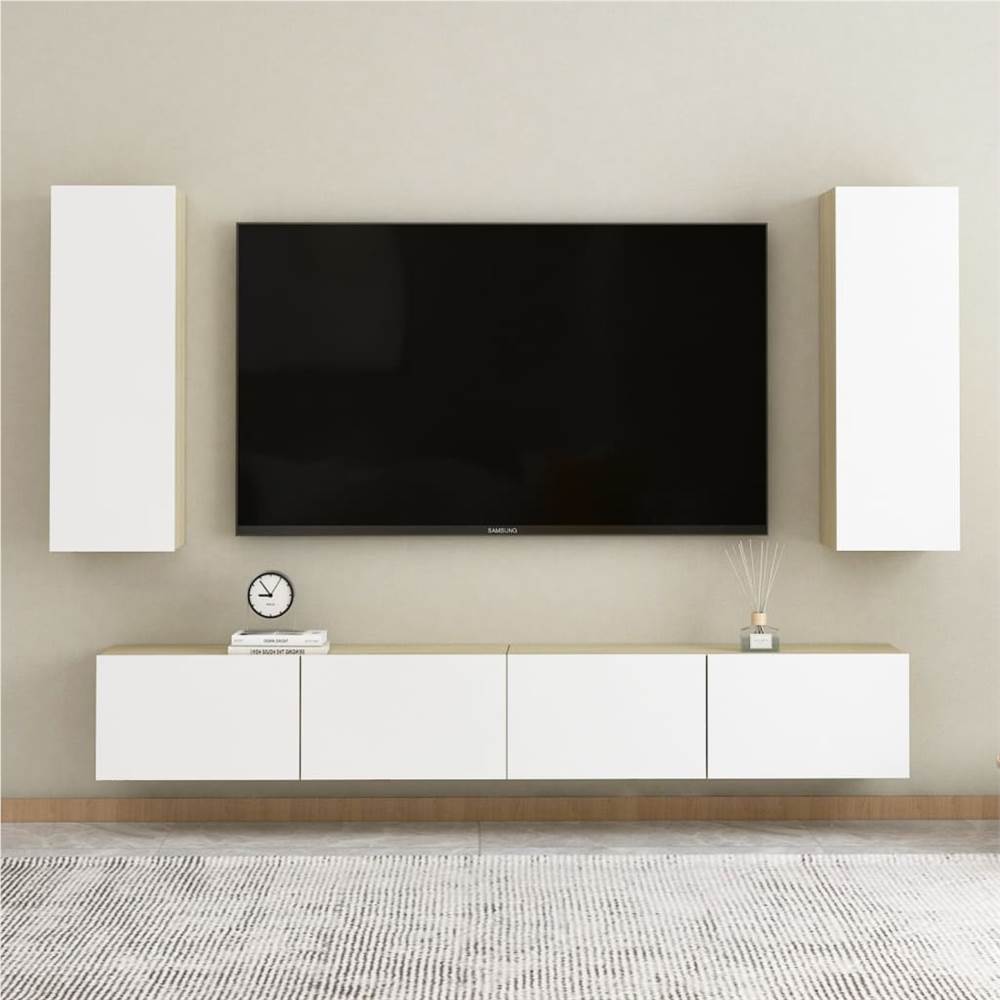 

4 Piece TV Cabinet Set White and Sonoma Oak Chipboard