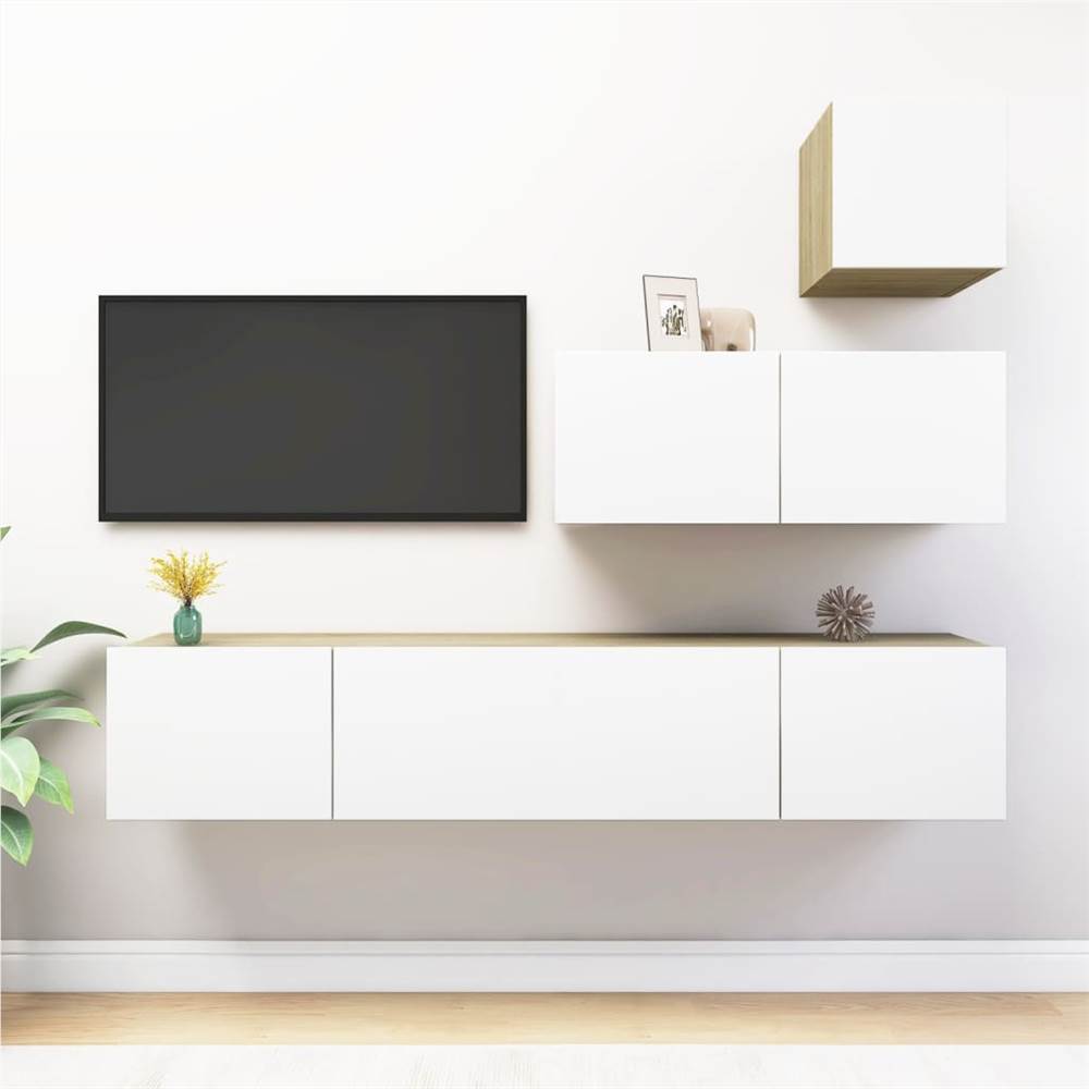

4 Piece TV Cabinet Set White and Sonoma Oak Chipboard