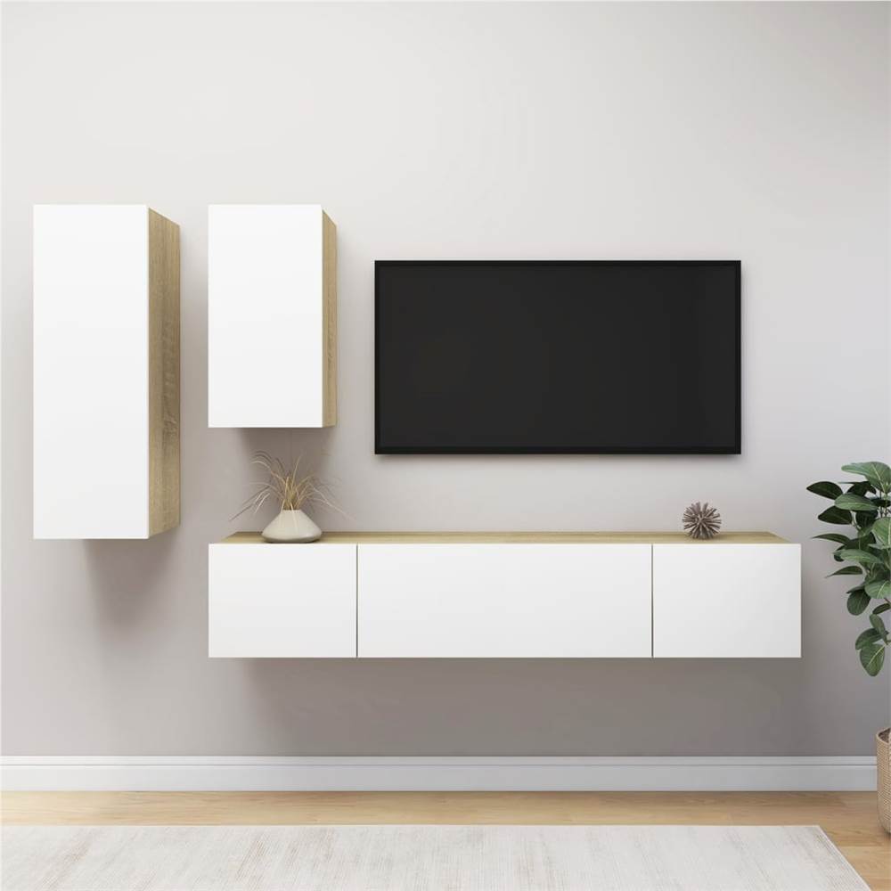 

4 Piece TV Cabinet Set White and Sonoma Oak Chipboard