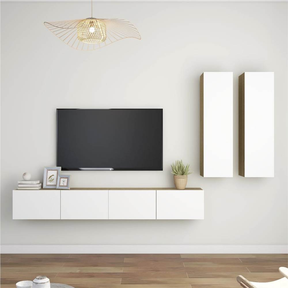 

4 Piece TV Cabinet Set White and Sonoma Oak Chipboard