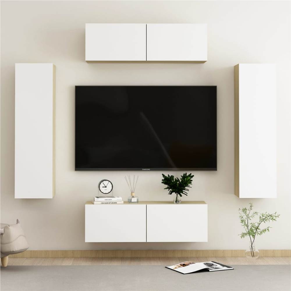 

4 Piece TV Cabinet Set White and Sonoma Oak Chipboard