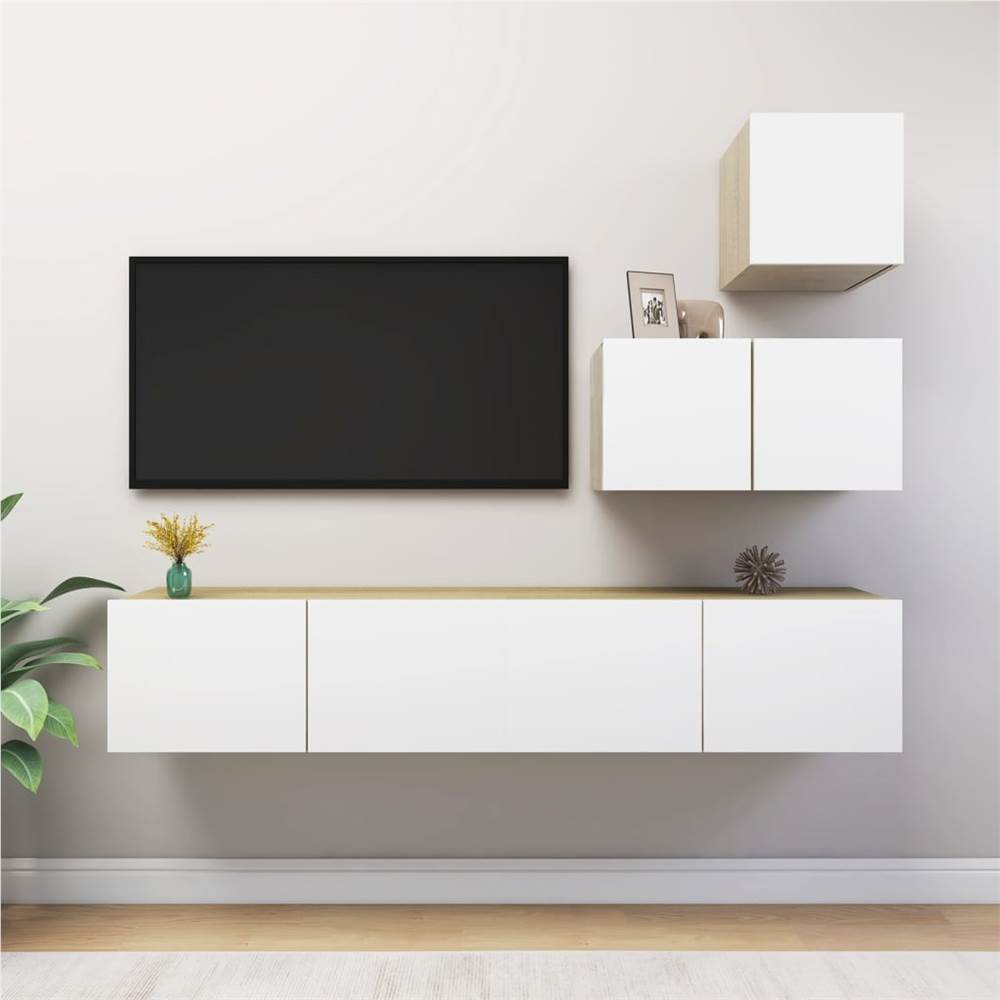 

4 Piece TV Cabinet Set White and Sonoma Oak Chipboard