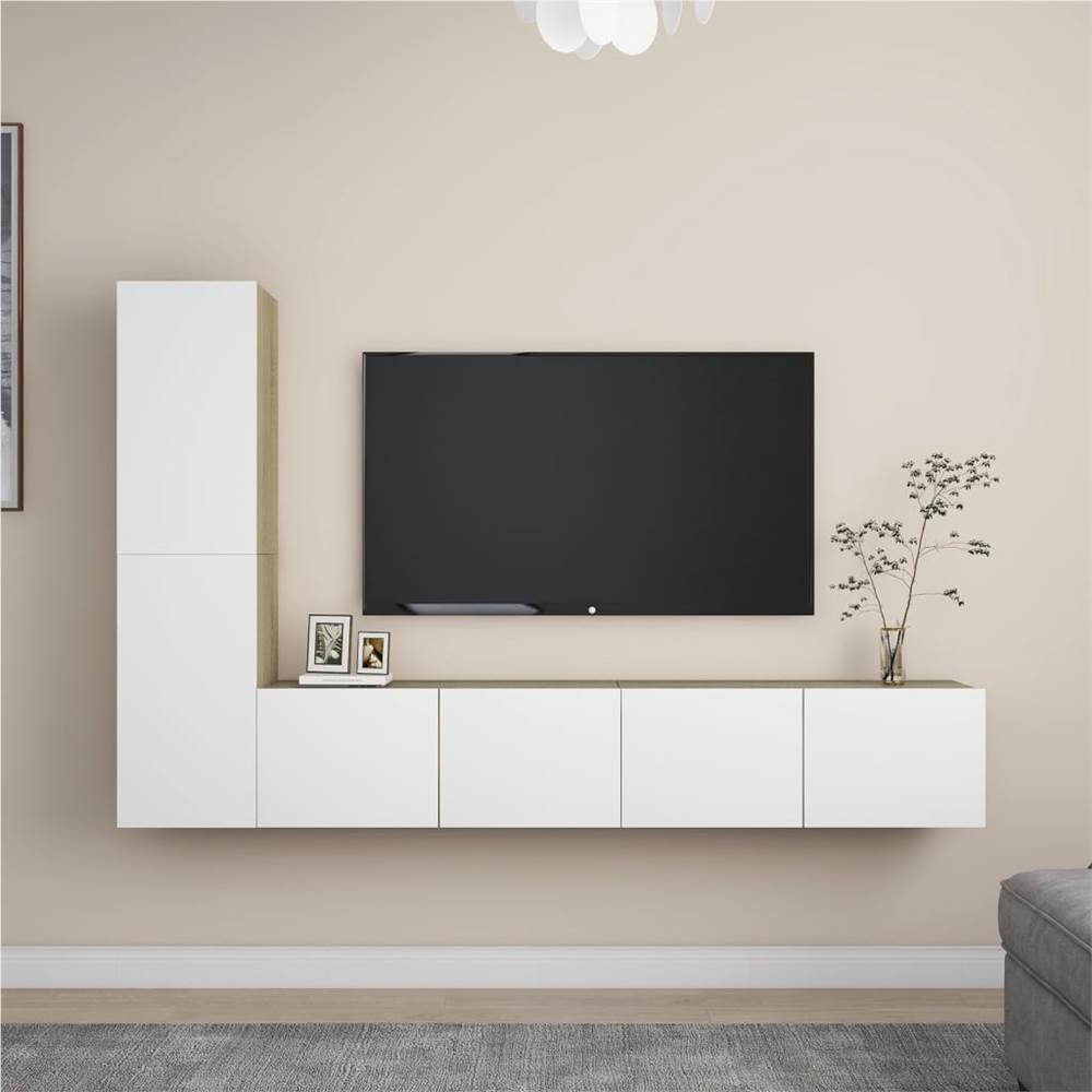 

4 Piece TV Cabinet Set White and Sonoma Oak Chipboard
