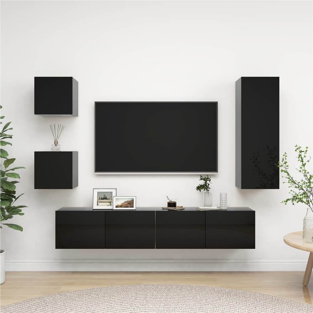 

5 Piece TV Cabinet Set High Gloss Black Chipboard