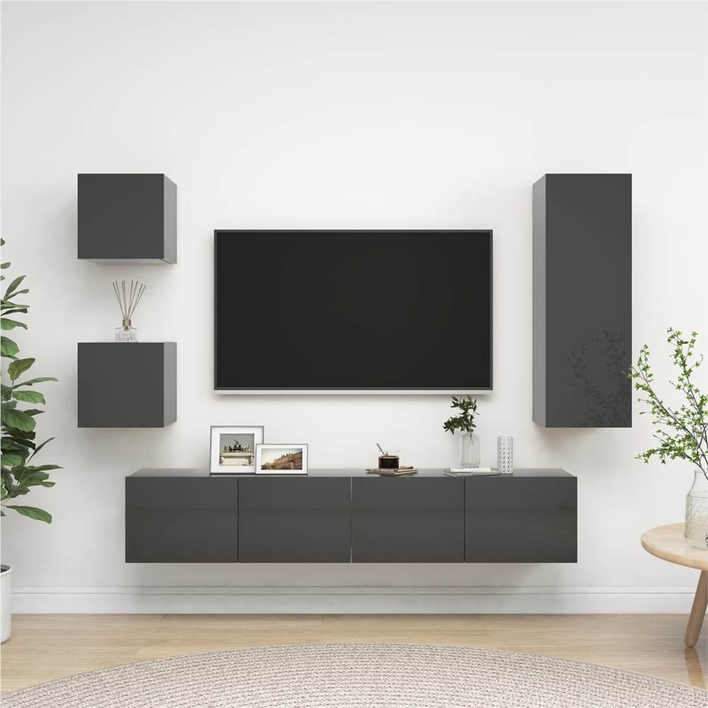 

5 Piece TV Cabinet Set High Gloss Grey Chipboard