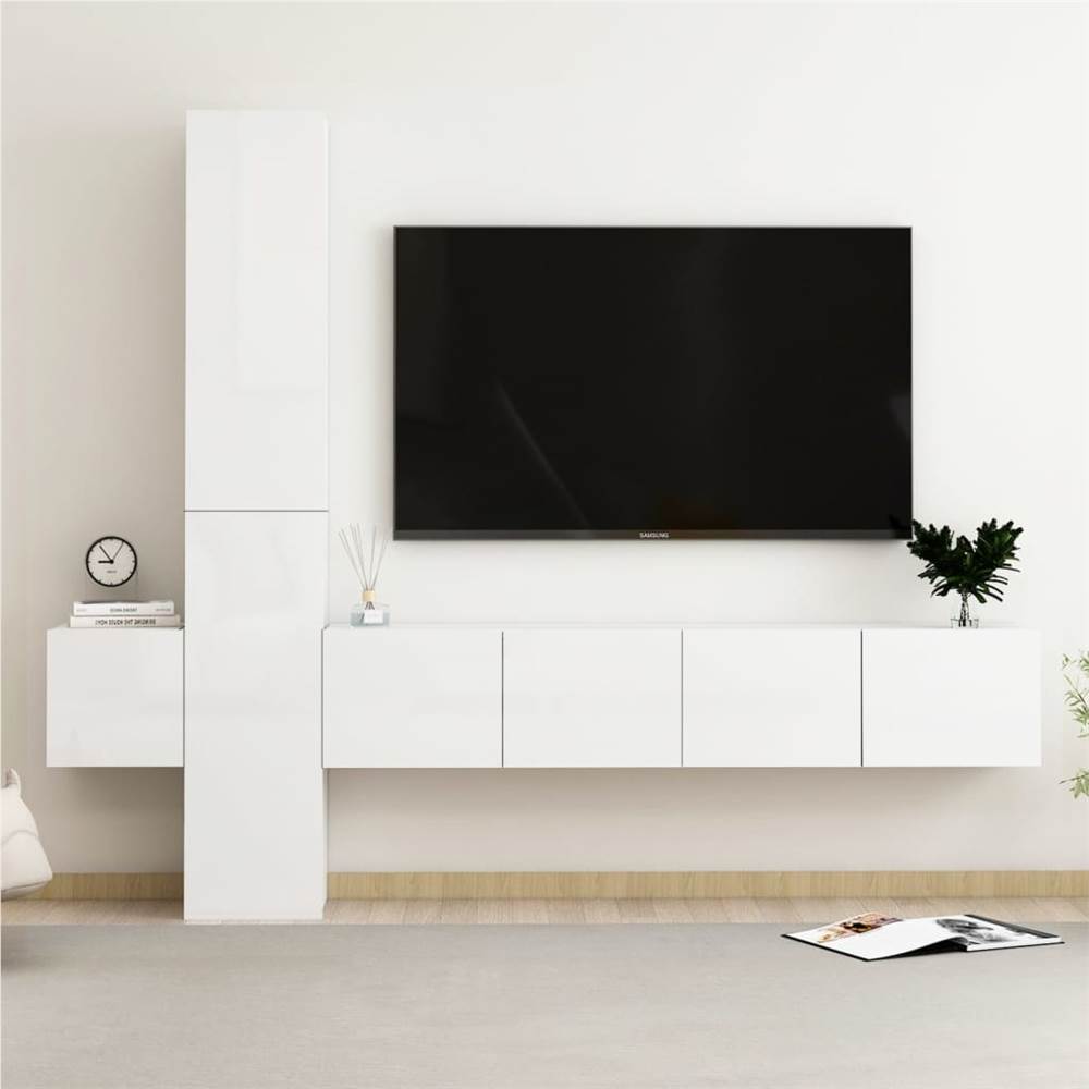 

5 Piece TV Cabinet Set High Gloss White Chipboard