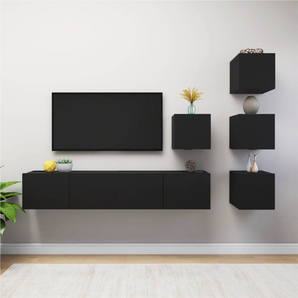 

6 Piece TV Cabinet Set Black Chipboard