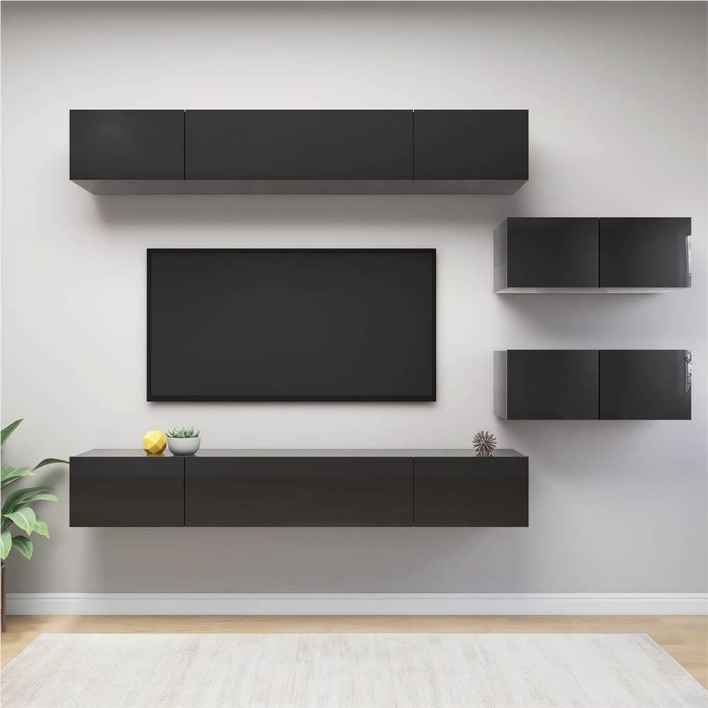 

6 Piece TV Cabinet Set High Gloss Black Chipboard