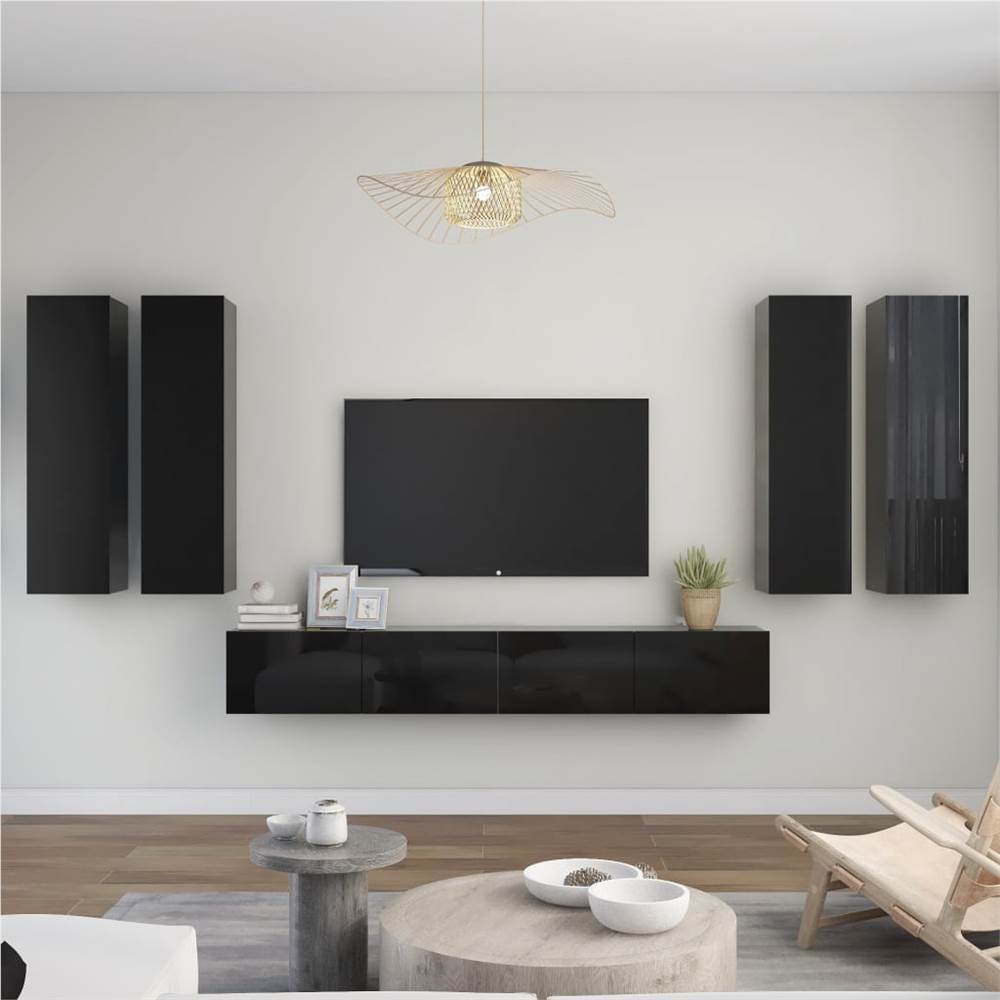 

6 Piece TV Cabinet Set High Gloss Black Chipboard