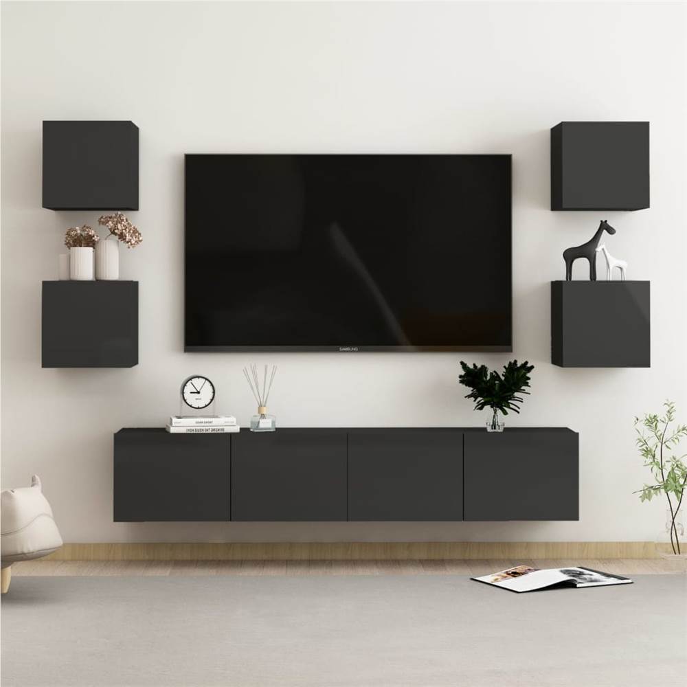 

6 Piece TV Cabinet Set High Gloss Black Chipboard