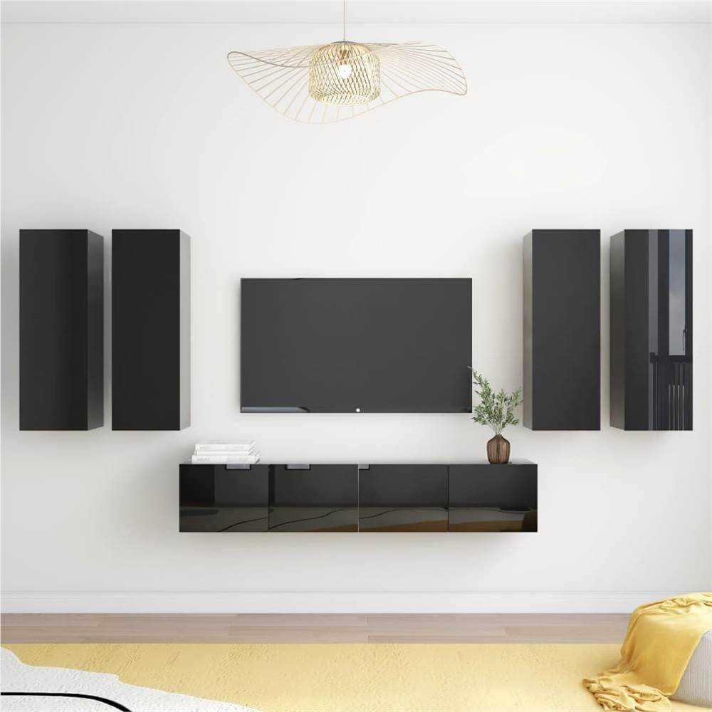 

6 Piece TV Cabinet Set High Gloss Black Chipboard