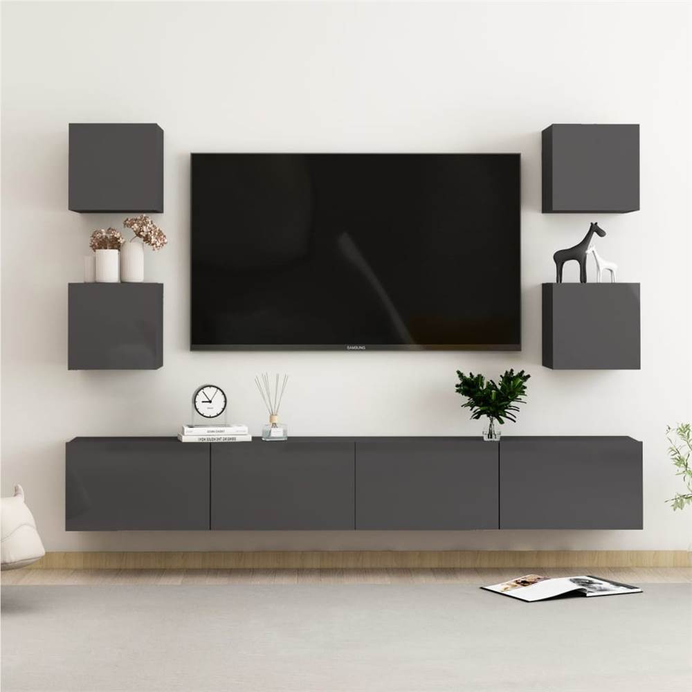 

6 Piece TV Cabinet Set High Gloss Grey Chipboard