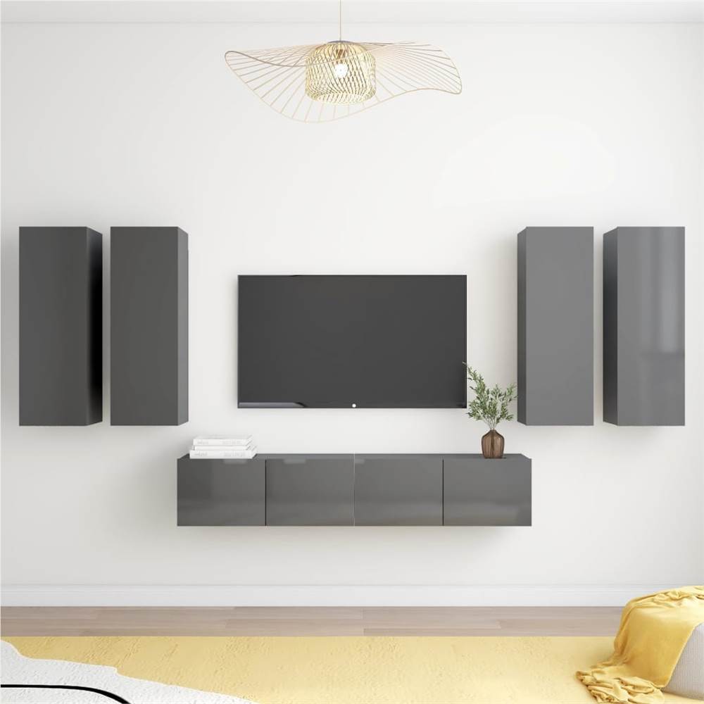 

6 Piece TV Cabinet Set High Gloss Grey Chipboard