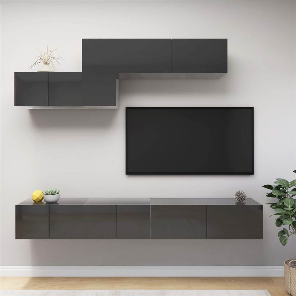 

6 Piece TV Cabinet Set High Gloss Grey Chipboard