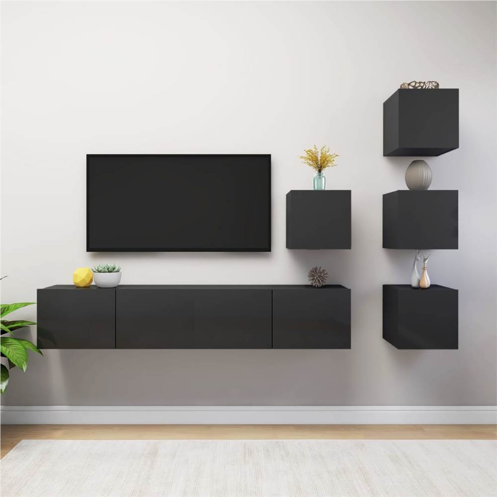 6 Piece TV Cabinet Set High Gloss Grey Chipboard