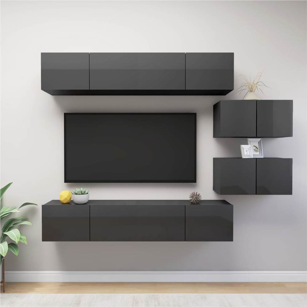 

6 Piece TV Cabinet Set High Gloss Grey Chipboard