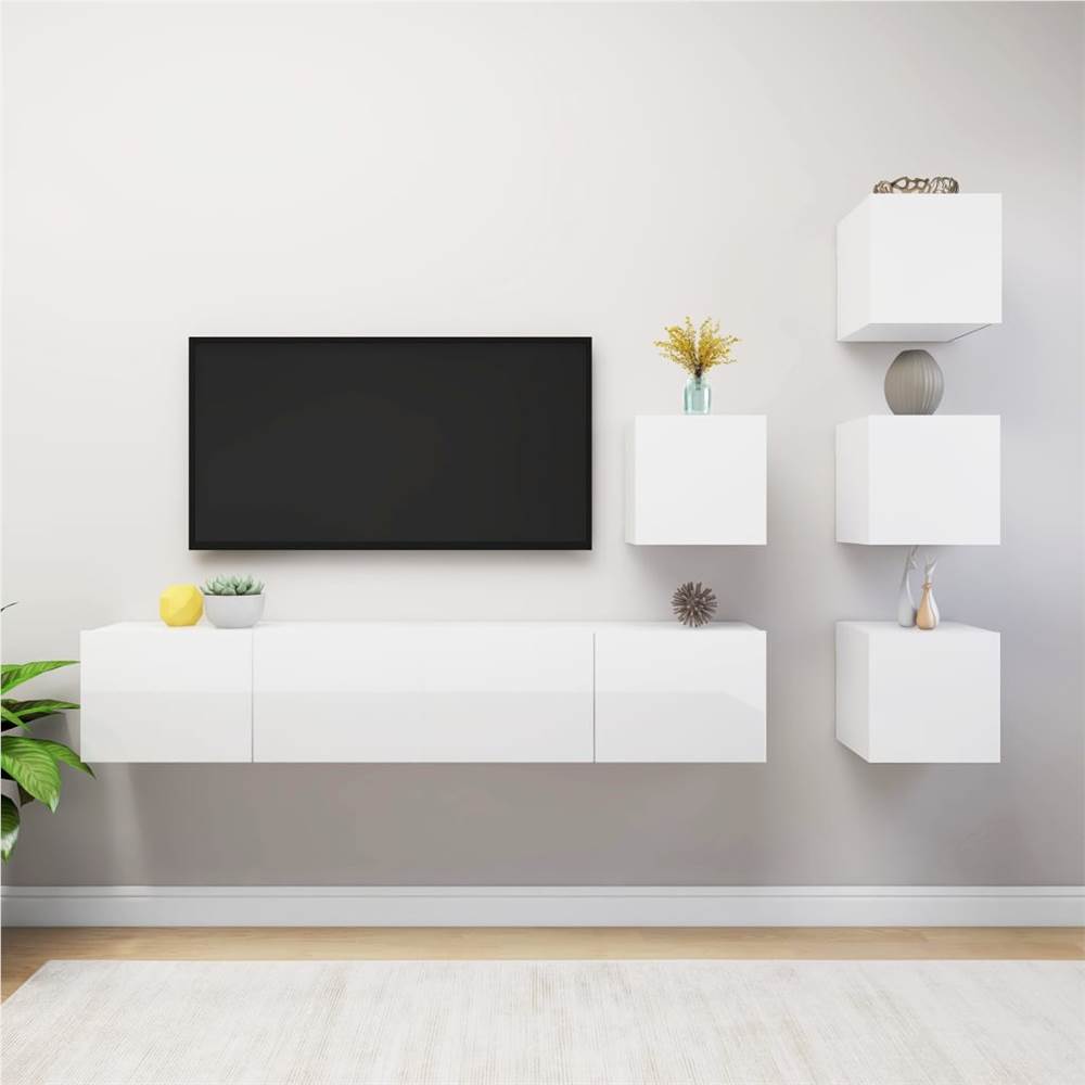 

6 Piece TV Cabinet Set High Gloss White Chipboard
