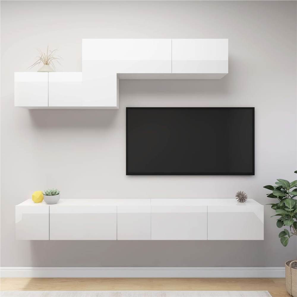 

6 Piece TV Cabinet Set High Gloss White Chipboard