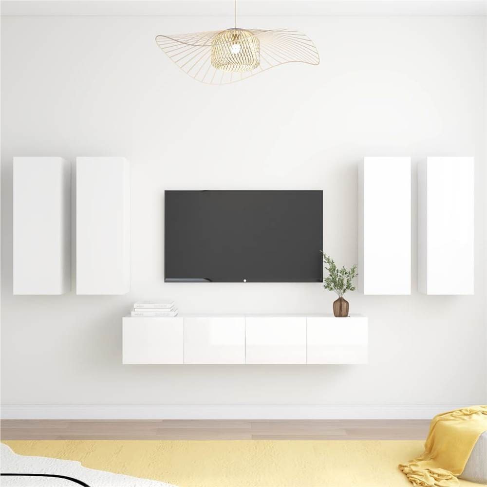 

6 Piece TV Cabinet Set High Gloss White Chipboard