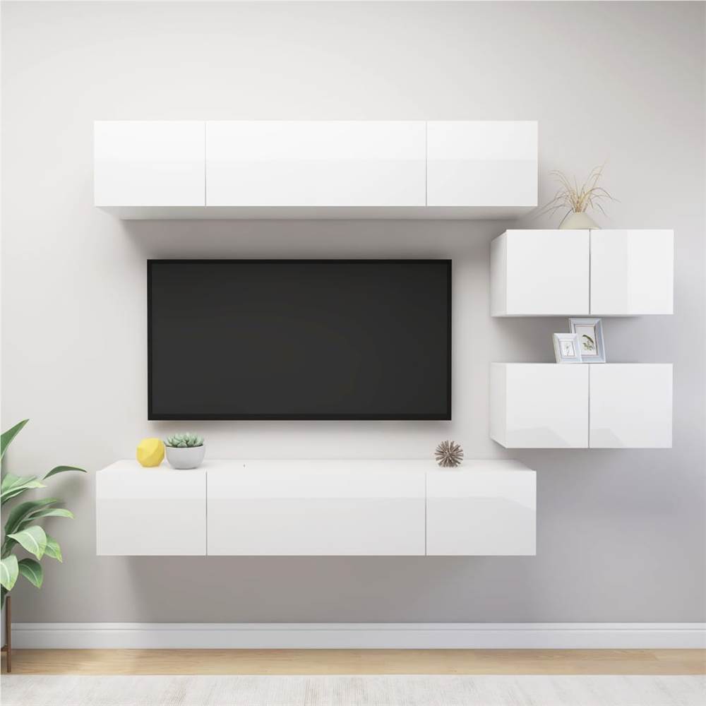 

6 Piece TV Cabinet Set High Gloss White Chipboard