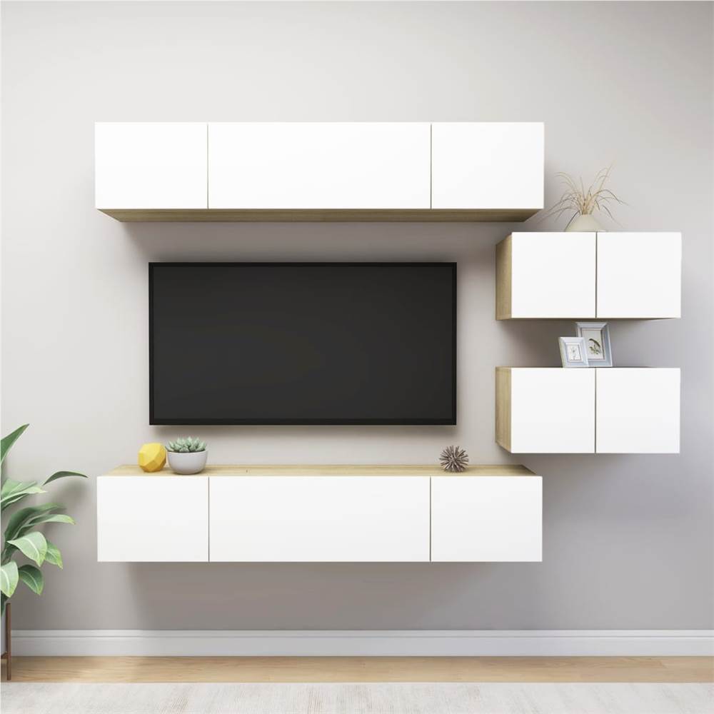 

6 Piece TV Cabinet Set White and Sonoma Oak Chipboard