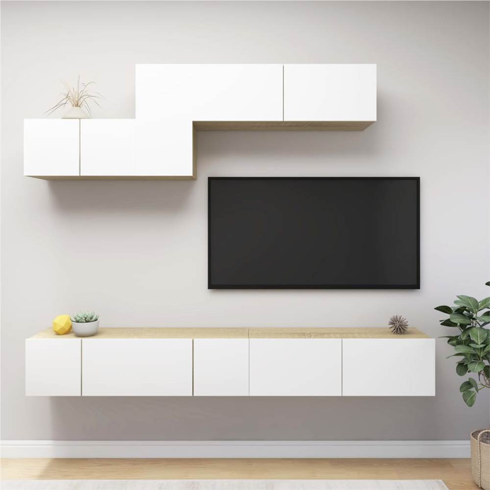 

6 Piece TV Cabinet Set White and Sonoma Oak Chipboard