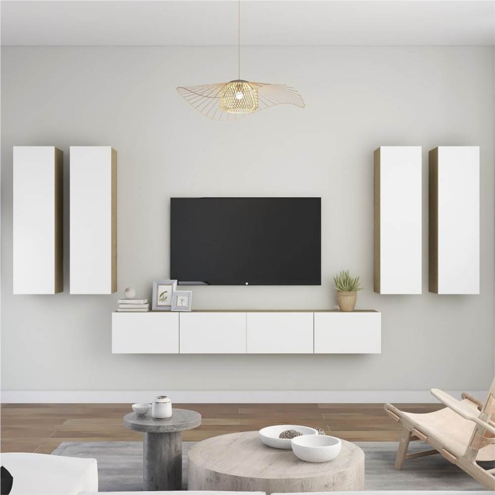 

6 Piece TV Cabinet Set White and Sonoma Oak Chipboard