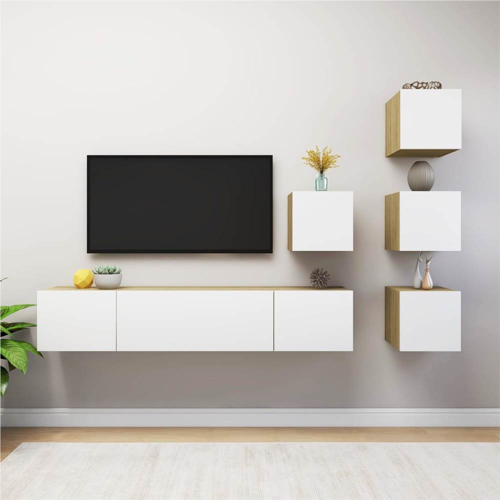 

6 Piece TV Cabinet Set White and Sonoma Oak Chipboard