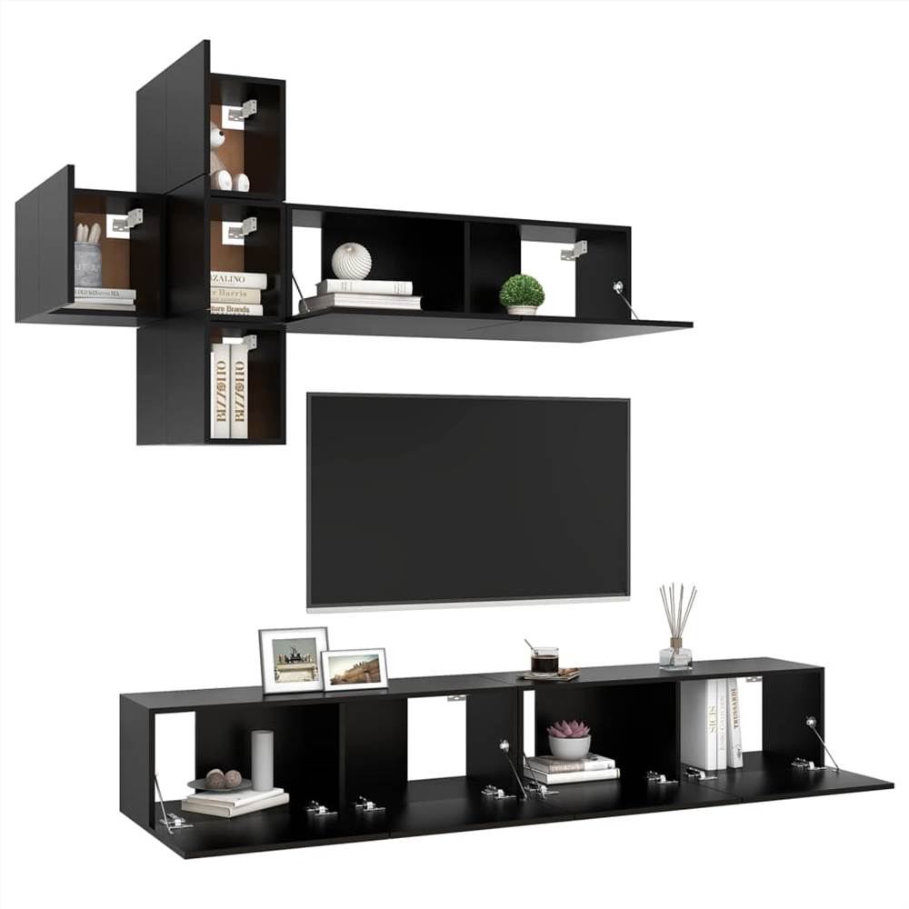 7 Piece TV Cabinet Set Black Chipboard