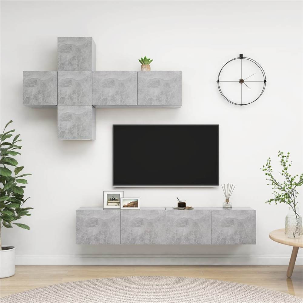 7-teiliges TV-Schrank-Set aus betongrauer Spanplatte