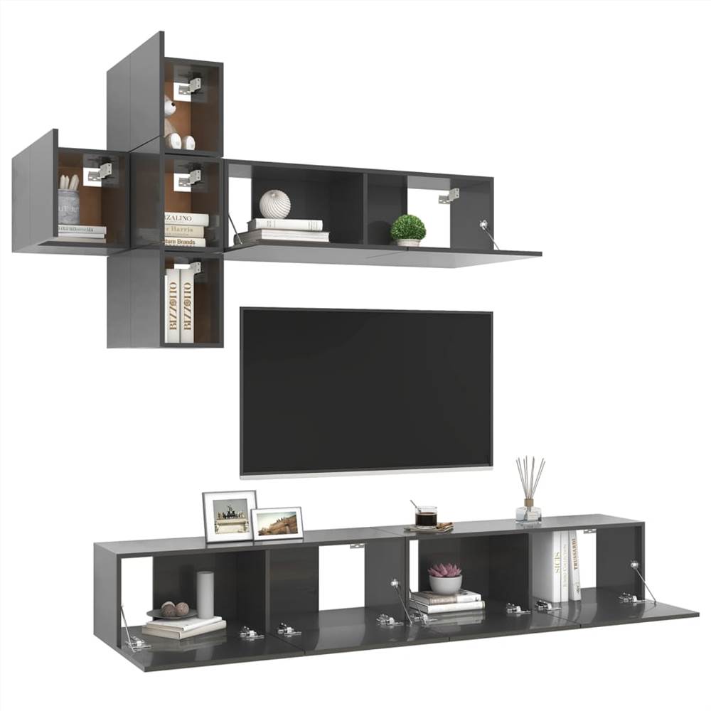 7 Piece TV Cabinet Set High Gloss Grey Chipboard