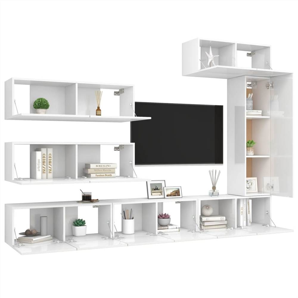 7 Piece TV Cabinet Set High Gloss White Chipboard