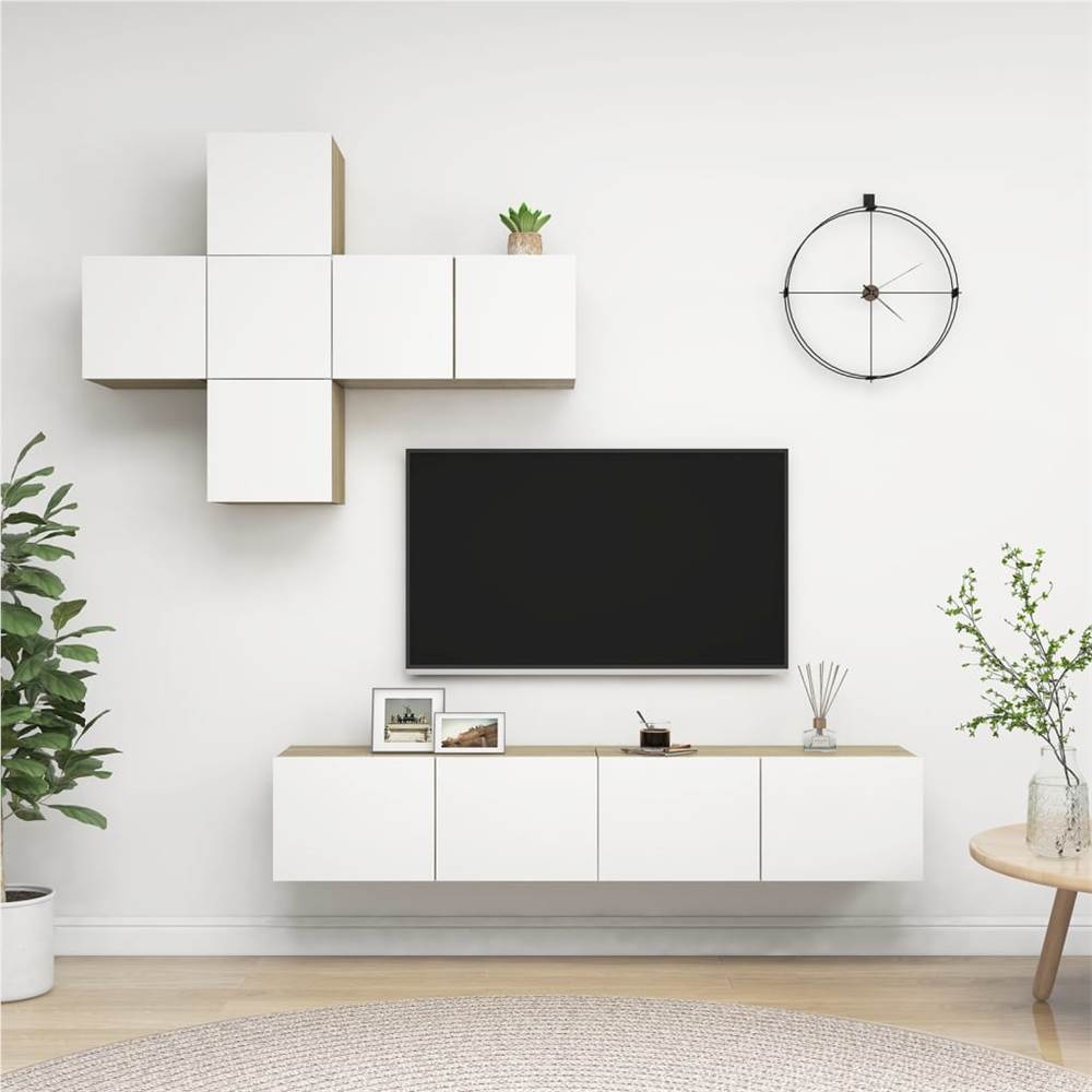 

7 Piece TV Cabinet Set White and Sonoma Oak Chipboard