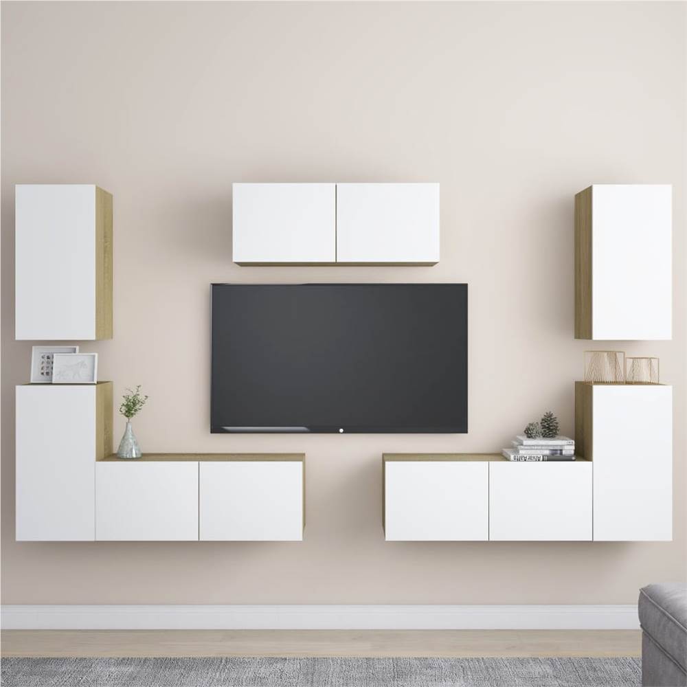 

7 Piece TV Cabinet Set White and Sonoma Oak Chipboard