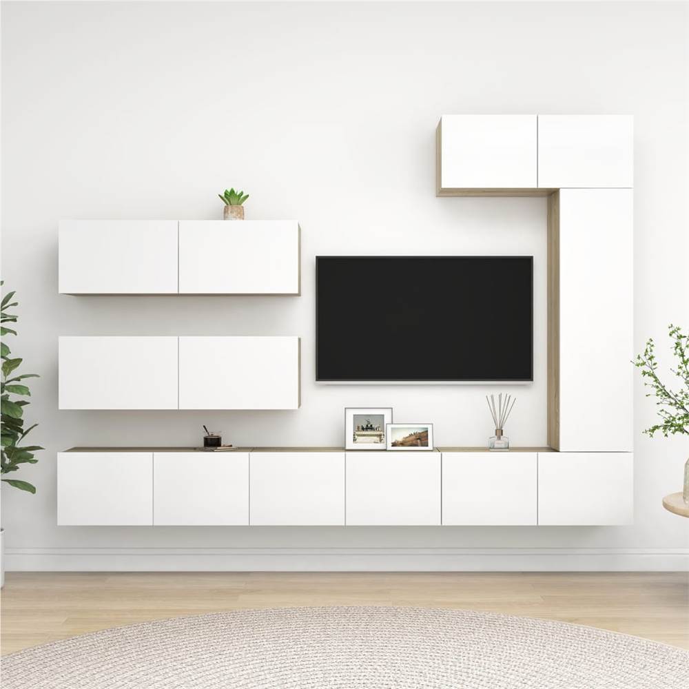 

7 Piece TV Cabinet Set White and Sonoma Oak Chipboard