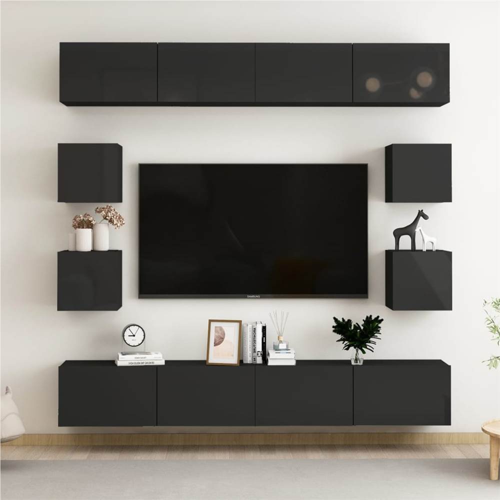 

8 Piece TV Cabinet Set High Gloss Black Chipboard