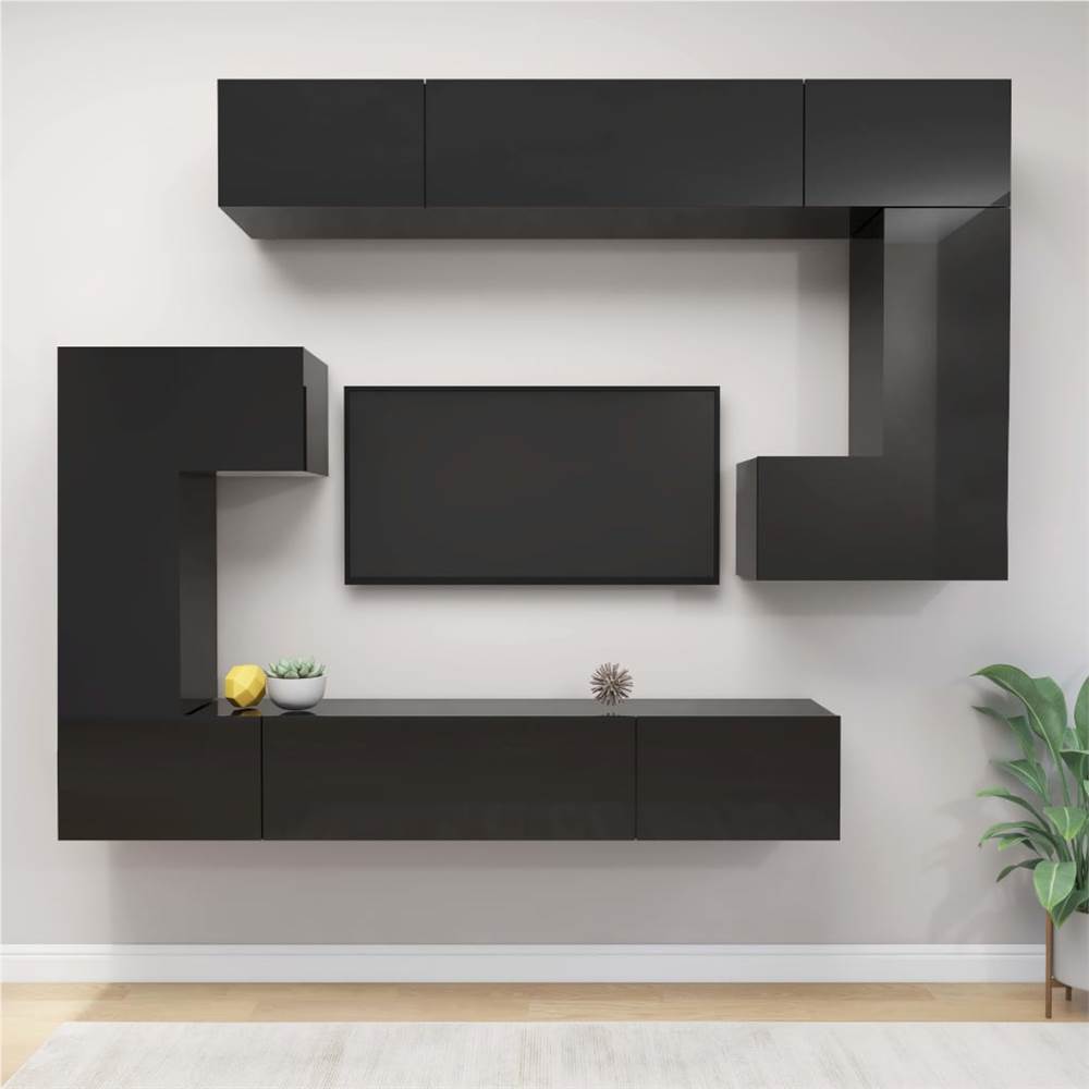 

8 Piece TV Cabinet Set High Gloss Black Chipboard