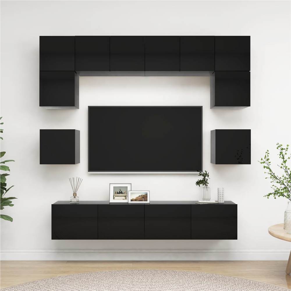 

8 Piece TV Cabinet Set High Gloss Black Chipboard